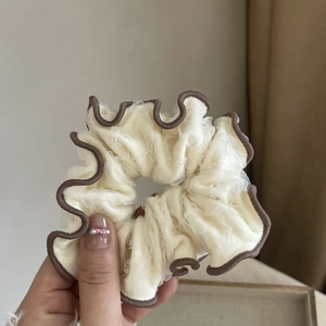 Beige lace scrunchie with brown piping finish for high ponytail styling hair ties