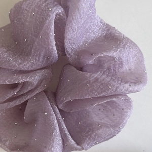Elegant lavender chiffon scrunchie with silver bead accents and pearlized texture finish