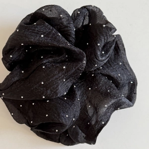 Black chiffon scrunchie with silver polka dots for elegant ponytails and buns