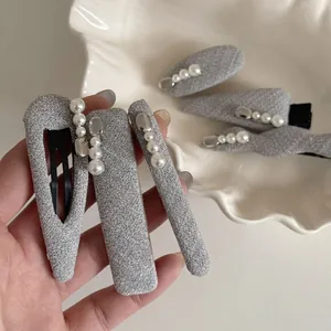 Grey Fabric Wrapped Artificial Pearl Hair Clips And Heart Charm Scrunchie Hair Accessories For Women Daily Hair Styling Decorations