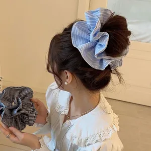 Chouchous en Tissu Rayé avec Strass Style Coréen pour Femmes Élastiques à Cheveux Élégants en Dentelle Florale Accessoires