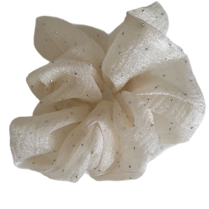 White chiffon mesh scrunchie with silver sequins and ruffled textures for women's hair