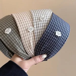 Vintage Plaid Fabric Wide Headband For Women High Top Design Hairband With Cloud Charm Anti-Slip Hair Accessories
