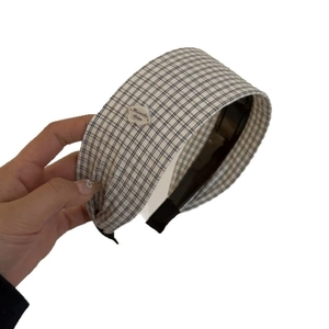 Classic blue and white plaid padded headband with vintage button design for women