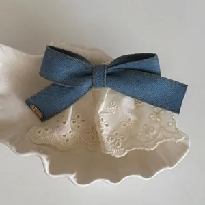 Vintage Denim Bow Hair Clip With Lace Trim Handmade Fabric Ribbon Barrettes Simple Fashion Hair Accessories For Women