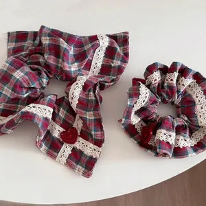 Vintage Plaid Scrunchie Hair Band Set With Heart Button Lace Edge Checkered Hair Ties For Women Girls Hair Accessories