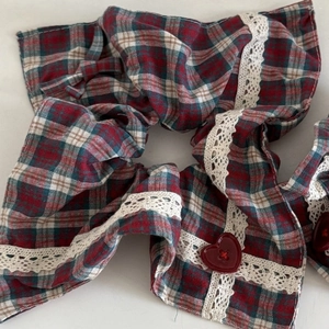 Plaid scrunchie with lace edge and red heart button in a vintage sweet style