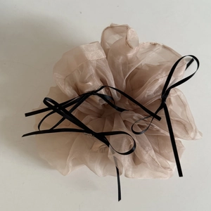 Ballerina style champagne organza scrunchie with delicate black ribbon bows for hair