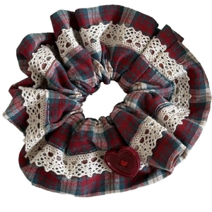 British style red and green plaid scrunchie with lace trim and heart button detail