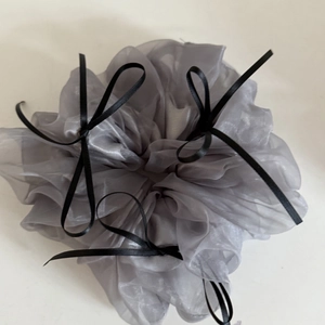 Grey organza scrunchie with black ribbon bows for women ballet style hair accessory