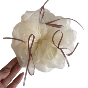 Oversized organza scrunchie in cream with delicate pink ribbon bow detail