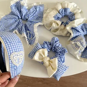 Sweet Blue White Gingham Plaid Scrunchies For Women Bow Lace Artificial Pearl Decor Double Layer Fabric Hair Ties Fashion Headwear