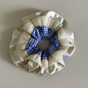 Blue plaid and cream satin layered scrunchie with sweet ruffle patchwork design