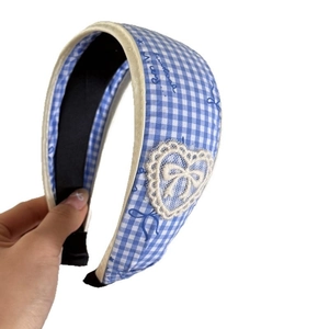 Blue plaid wide headband featuring white lace heart patch and sweet butterfly embroidery
