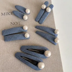 Denim Fabric Artificial Pearl Hair Clips For Women Korean Style Blue Duckbill Clips Elegant Retro Accessories For Daily Office Use