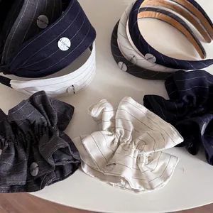 French Style Striped Fabric Headband Wide Hair Hoop With Paris Decorative Button Striped Hair Scrunchie For Women Fashion Hair Accessories