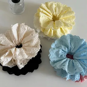 Set of four-layer handmade lace heart embroidery hair scrunchies in multiple colors