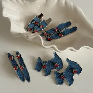 Denim fabric cherry hair clips set with blue cloth and red fruit embroidery for women