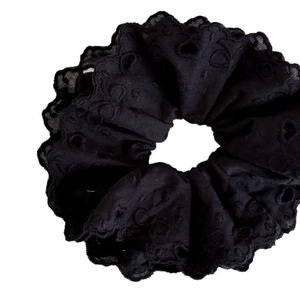 Chic black lace scrunchie with four layers of floral embroidery and ballet style aesthetic