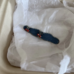 Blue denim wave hair clip with cherry patterns and red crystals for women hair styling