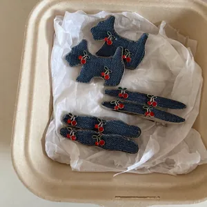 Handmade Denim Fabric Cherry Hair Clips For Women Rhinestone Scottie Dog Hairpin Fashion Duckbill Clip Hair Accessories
