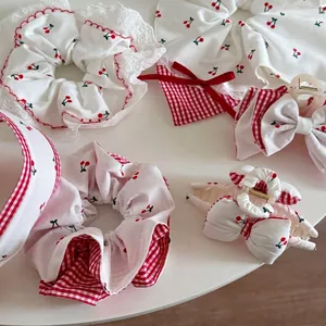 Dolce Scrunchie con Stampa Ciliegie Gingham Pizzo Fiocco Fatto a Mano Molletta Cerchietto Per Donna Ragazze Accessori Capelli