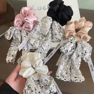 Elegant Satin Scrunchie With Sequin Bow And Ribbon Streamer Large Hair Tie For Women Fashion Hair Accessories Gift