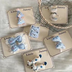 Pince à Cheveux Nœud en Tissu Plaid Bleu Fait Main Douce Ours Chien Design Bec de Canard pour Filles Bébé Accessoires