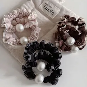 Chouchou en Dentelle de Maille pour Femmes Avec Grande Künstliche Perle Artificielle Bord Rayé Élastique Style Coréen Élégant