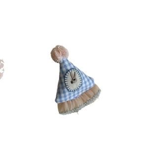 Pince à cheveux chapeau de fête à carreaux bleus avec broderie lapin et pompon rose