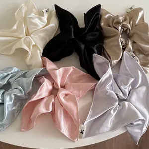 Chouchou Élégant en Satin Brillant avec Nœud Couleur Unie Grand Attache-Cheveux Quadrilatère Accessoires de Coiffure pour Femmes