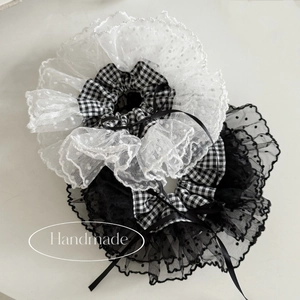 French Vintage Black White Gingham Bowknot Scrunchie With Polka Dot Lace Trim Large Handmade Hair Tie For Women Accessory