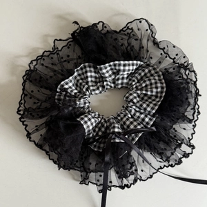 French vintage black and white checkered scrunchie with lace trim and bow accent