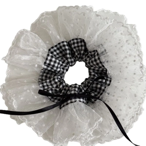 French retro checkered scrunchie with lace trim and black bow hair accessory