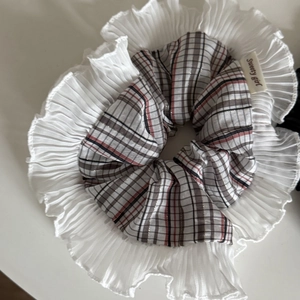 Elegant plaid hair scrunchie with white mesh lace trim and Sweety Girl tag