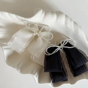 Elegant beaded bow hair clip with double-layer organza fabric for women's hair styling