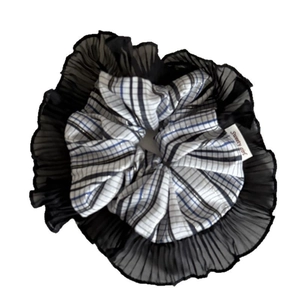 Plaid and black mesh layered hair scrunchie with Sweety Girl tag on white background