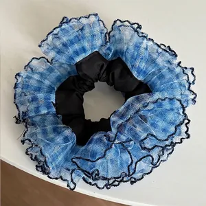 Women Blue White Checkered Mesh Scrunchie Fabric Hair Ring Pleated Gauze Elastic Hair Tie French Style Fashion Hair Accessories