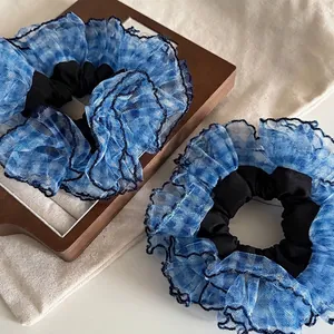 Elegant blue mesh plaid scrunchie set with black wavy edges for women hair styling