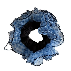 Elegant blue floral lace mesh scrunchie with layered cloud-like ruffle design for women