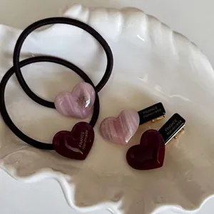 Pink heart hair clip and elastic hair ties set with acetate marble texture for women