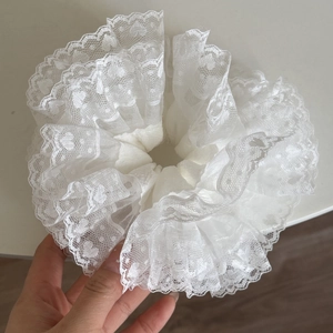 Elegant white organza scrunchie with heart lace embroidery and layered ruffles