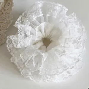 White Lace Organza Hair Scrunchie Large Layered Ruffled Ponytail Holder French Vintage Elegant Hair Accessory For Women