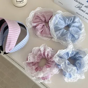 Koreanischer Stil Gestreift Spitze Haargummi Haarreif Set Süß Stoff Haarschmuck Elegant Für Damen Mädchen