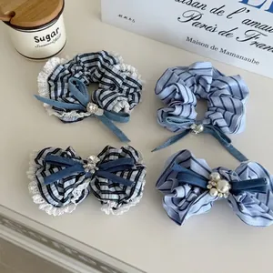Accessoires Cheveux Nœud Rayé Marine Doux Pinces à Cheveux Tissu Dentelle Chouchous Avec Strass Künstliche Perles Ours Décor