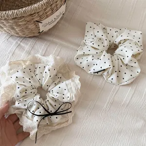 Milchweiß Herzmuster Haargummi Mit Schwarzer Schleife Spitzenbesatz Koreanischer Stil Großer Elastischer Haarkreis Für Damen Mädchen Zubehör