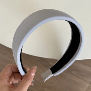 Elegant wide satin headband in light grey fabric with thick sponge for hair styling