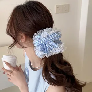 Korean Style Lace Bow Gingham Plaid Scrunchie Sweet Patchwork Large Hair Tie For Women Daily Hair Accessories