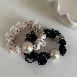 Chouchou en Résille à Pois Élégant pour Femmes Avec Bordure en Dentelle Künstliche Perle Zircon Embellissement Accessoire Cheveux