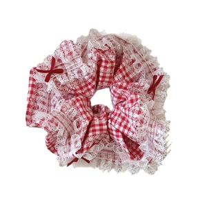 Sweet red checkered scrunchie with white lace edges and small red silk ribbons